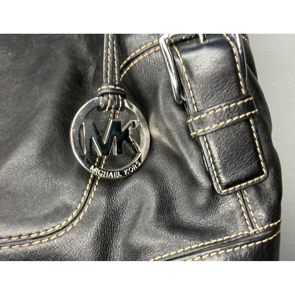 Michael Kors Hobo Bag Womens Large Black Leather Contrast Stitch Boho Classic